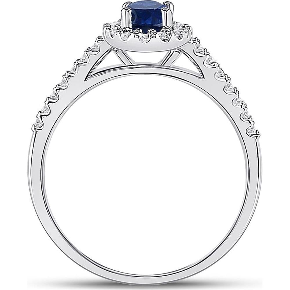 GND 10K White Gold Oval Synthetic Blue Sapphire and Diamond Halo Ring - 0.70 Carat Total Gemstone Weight