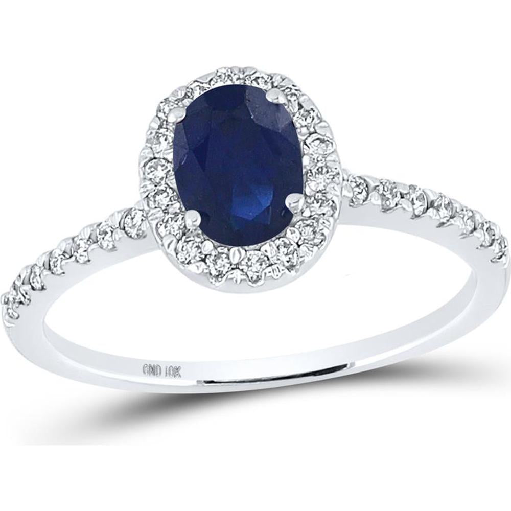 GND 10K White Gold Oval Synthetic Blue Sapphire and Diamond Halo Ring - 1.35 Carat Total Gem Weight