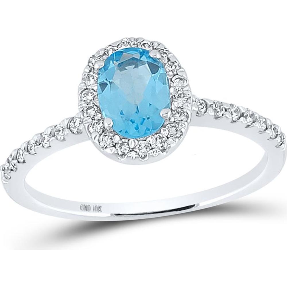 GND 10K White Gold Oval Synthetic Blue Topaz Solitaire Ring with Diamond Halo - 1.20 Carat Total Gem Weight