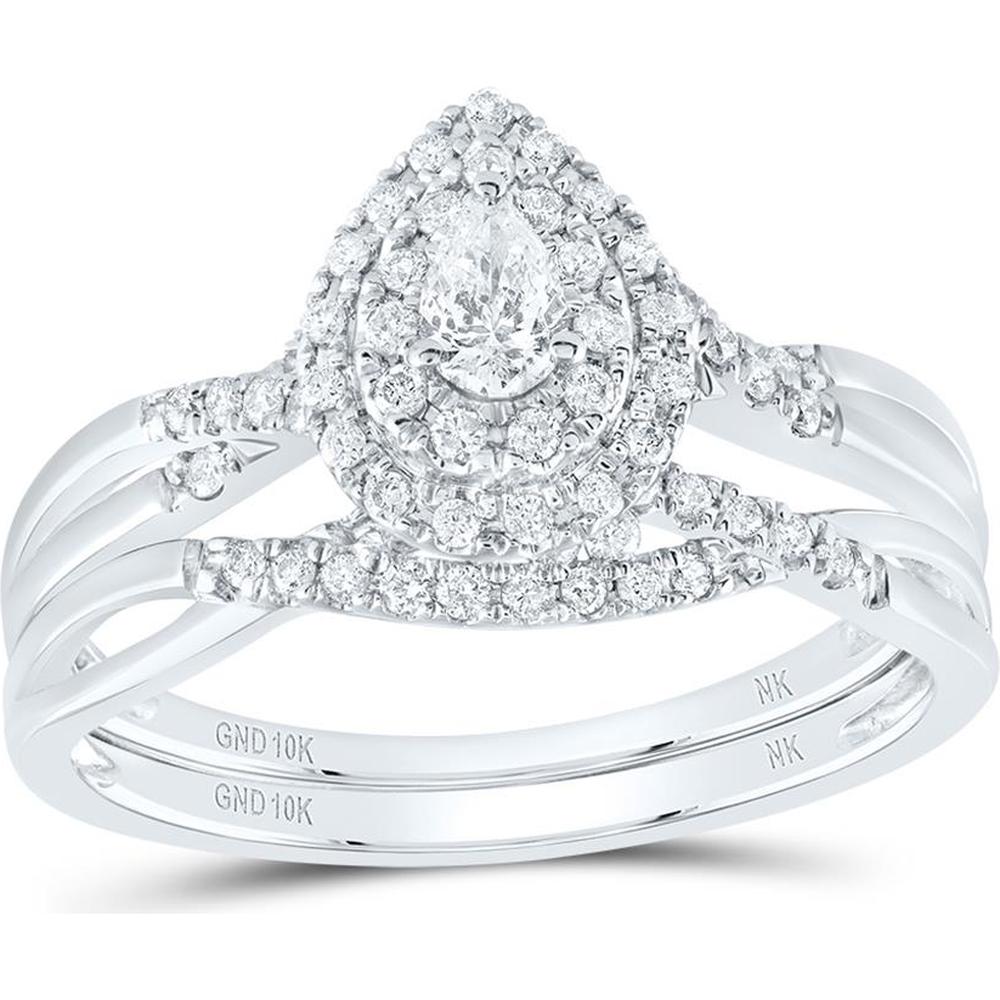 GND 10K White Gold Pear Diamond Halo Bridal Wedding Ring Set with Channel-Set Round Diamonds - 3/8 Total Carat Weight