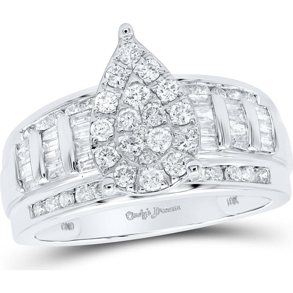 GND 10K White Gold Pear Shape Cluster Bridal Engagement Ring with Round and Baguette Diamonds - 1.00 Carat Total Diamond Weight