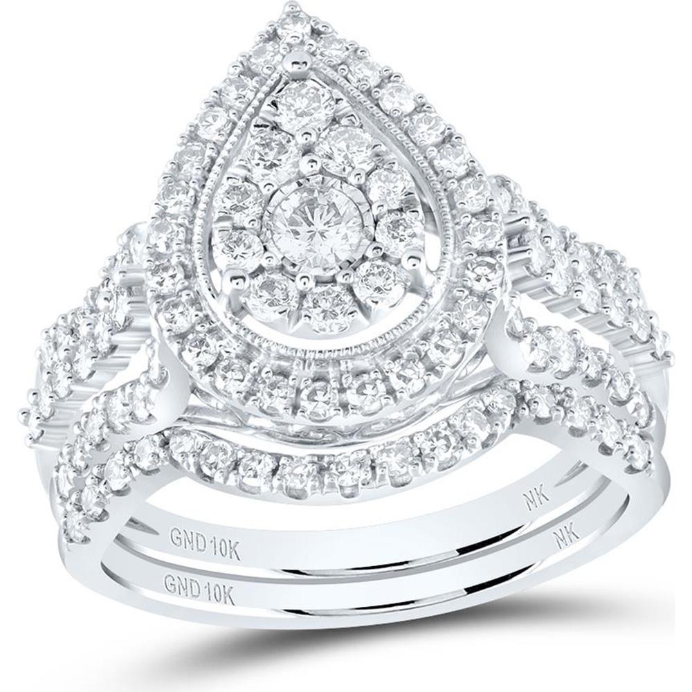 GND 10K White Gold Pear-Shape Diamond Bridal Wedding Ring Set - 1.04 Carat Total Diamond Weight