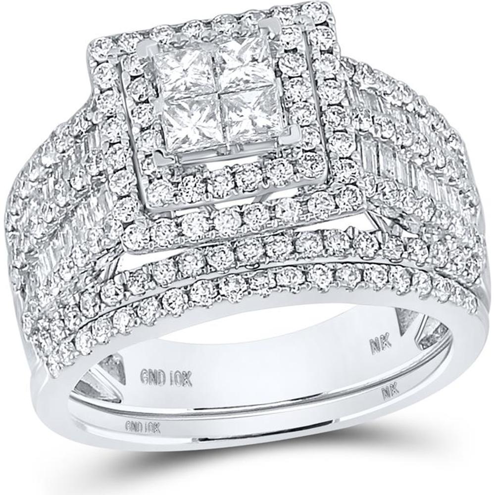 GND 10K White Gold Princess Cut Diamond Square Bridal Wedding Ring Set – 2.0 Carat Total Diamond Weight