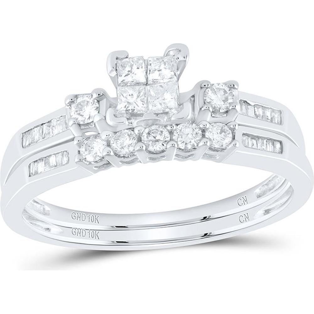 GND 10K White Gold Princess Diamond Bridal Wedding Ring Set with Invisible and Channel Set Diamonds - 3/8 Carat Total Diamond Weight