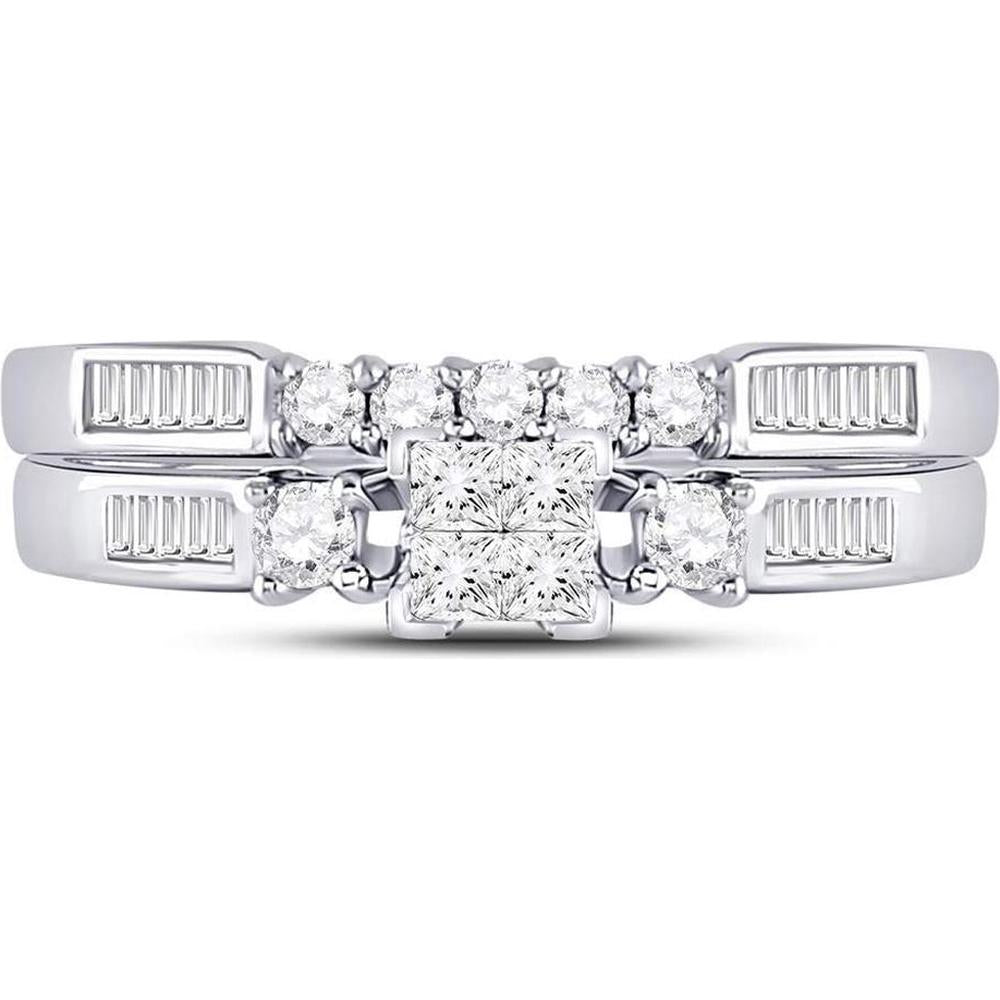 GND 10K White Gold Princess Diamond Bridal Wedding Ring Set with Invisible and Channel Set Diamonds - 3/8 Carat Total Diamond Weight