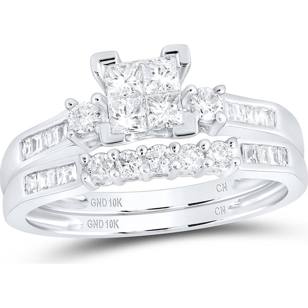 GND 10K White Gold Princess Diamond Bridal Wedding Ring Set with Pave and Channel-Set Round and Baguette Diamonds - 1/2 Carat Total Diamond Weight