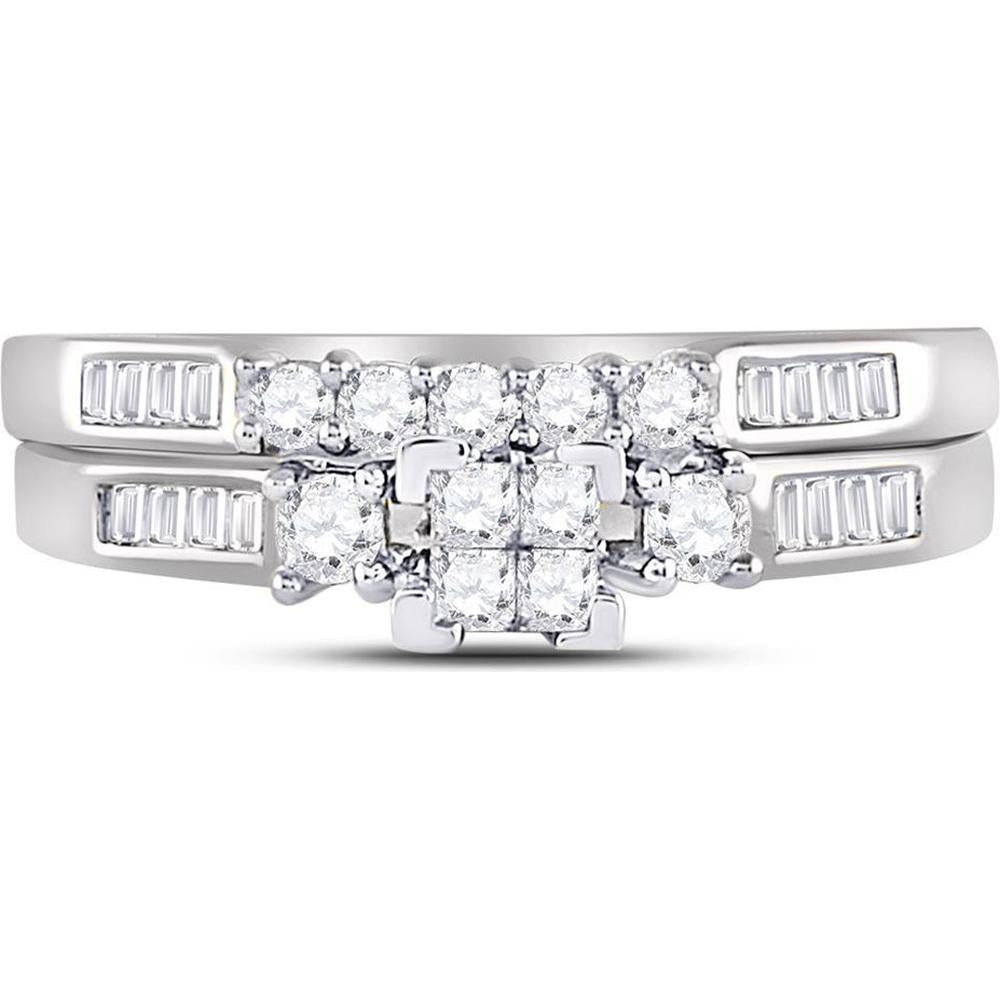 GND 10K White Gold Princess Diamond Bridal Wedding Ring Set with Pave and Channel-Set Round and Baguette Diamonds - 1/2 Carat Total Diamond Weight