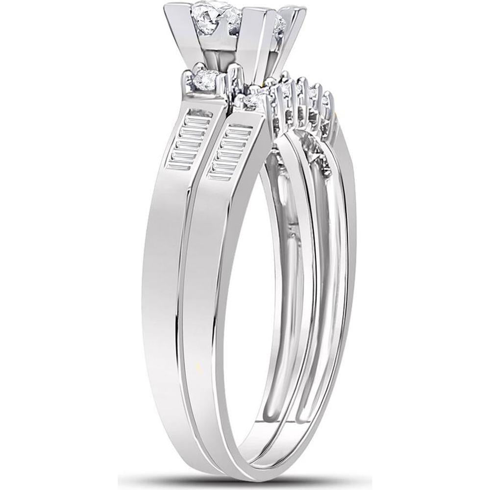 GND 10K White Gold Princess Diamond Bridal Wedding Ring Set with Pave and Channel-Set Round and Baguette Diamonds - 1/2 Carat Total Diamond Weight