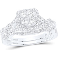 GND 10K White Gold Princess Diamond Bridal Wedding Ring Set with Pave-Set Round Diamonds - 1.00 Carat Total Diamond Weight