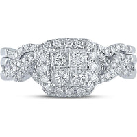 GND 10K White Gold Princess Diamond Bridal Wedding Ring Set with Pave-Set Round Diamonds - 1.00 Carat Total Diamond Weight
