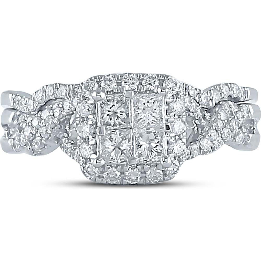 GND 10K White Gold Princess Diamond Bridal Wedding Ring Set with Pave-Set Round Diamonds - 1.00 Carat Total Diamond Weight