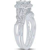 GND 10K White Gold Princess Diamond Bridal Wedding Ring Set with Pave-Set Round Diamonds - 1.00 Carat Total Diamond Weight