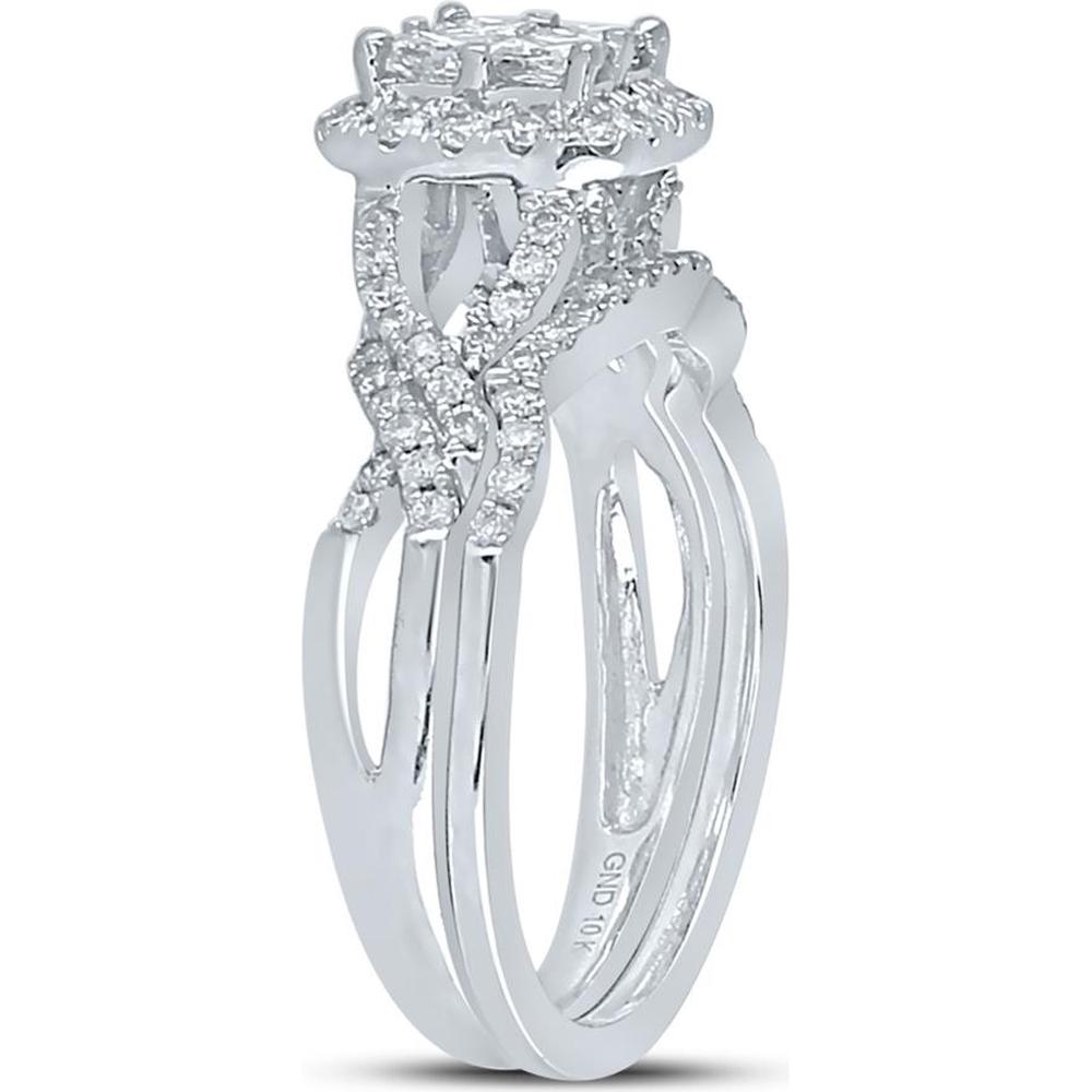 GND 10K White Gold Princess Diamond Bridal Wedding Ring Set with Pave-Set Round Diamonds - 1.00 Carat Total Diamond Weight