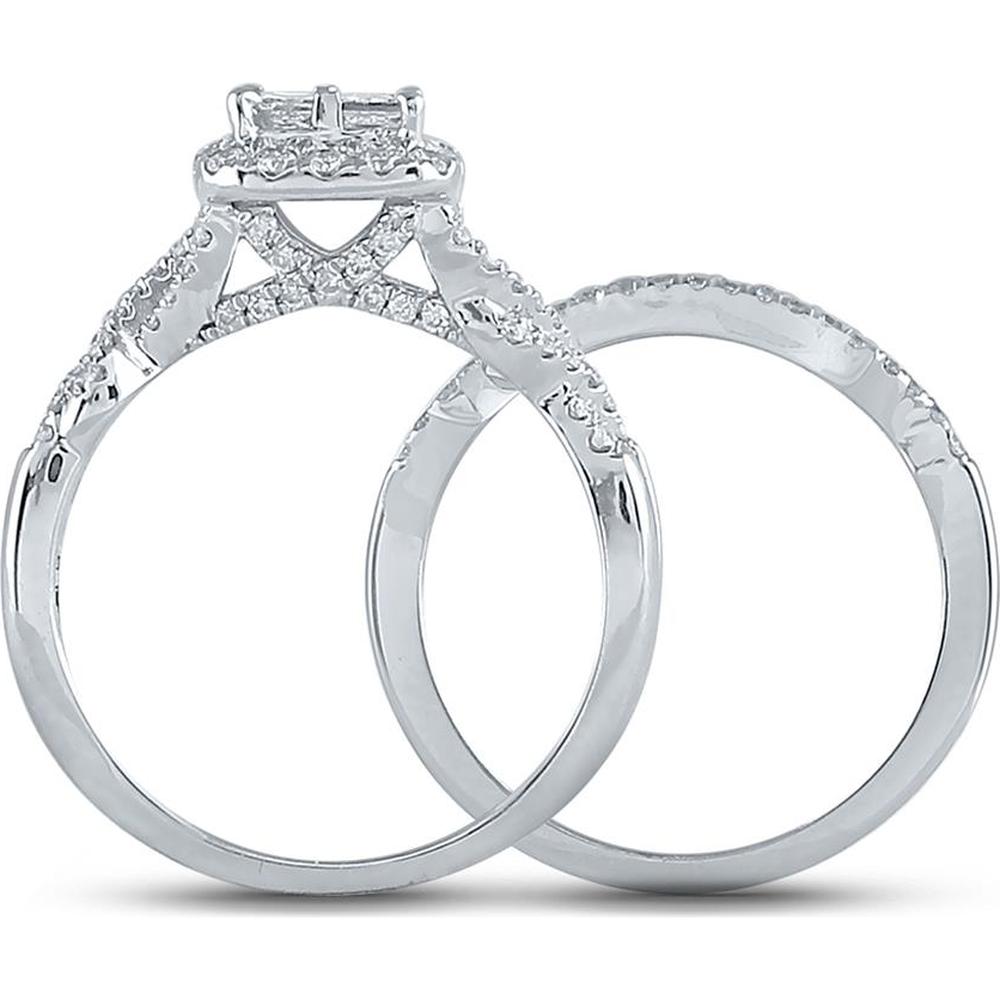 GND 10K White Gold Princess Diamond Bridal Wedding Ring Set with Pave-Set Round Diamonds - 1.00 Carat Total Diamond Weight