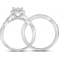 GND 10K White Gold Princess Diamond Bridal Wedding Ring Set with Pave-Set Round Diamonds - 1.00 Carat Total Diamond Weight