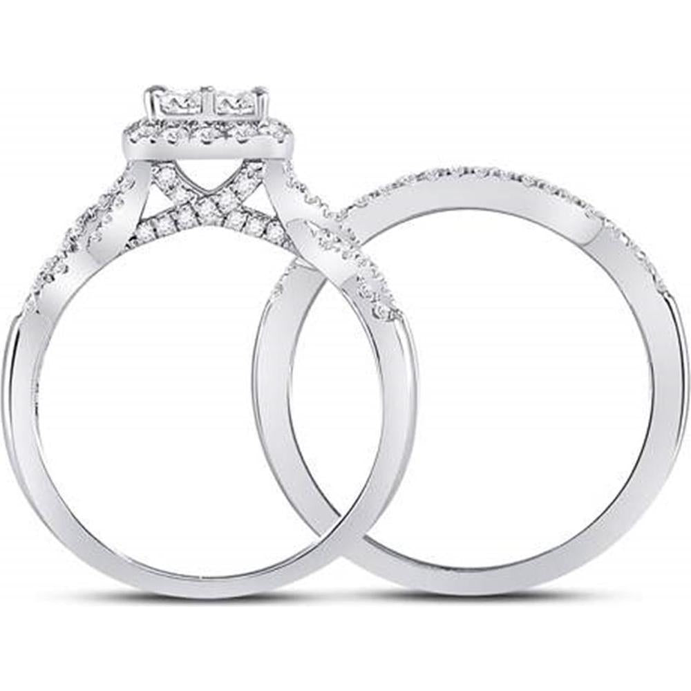 GND 10K White Gold Princess Diamond Bridal Wedding Ring Set with Pave-Set Round Diamonds - 1.00 Carat Total Diamond Weight