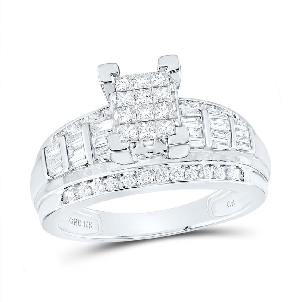 GND 10K White Gold Princess Diamond Cluster Bridal Engagement Ring with Channel Set Round and Baguette Diamonds - 7/8 Total Carat Weight