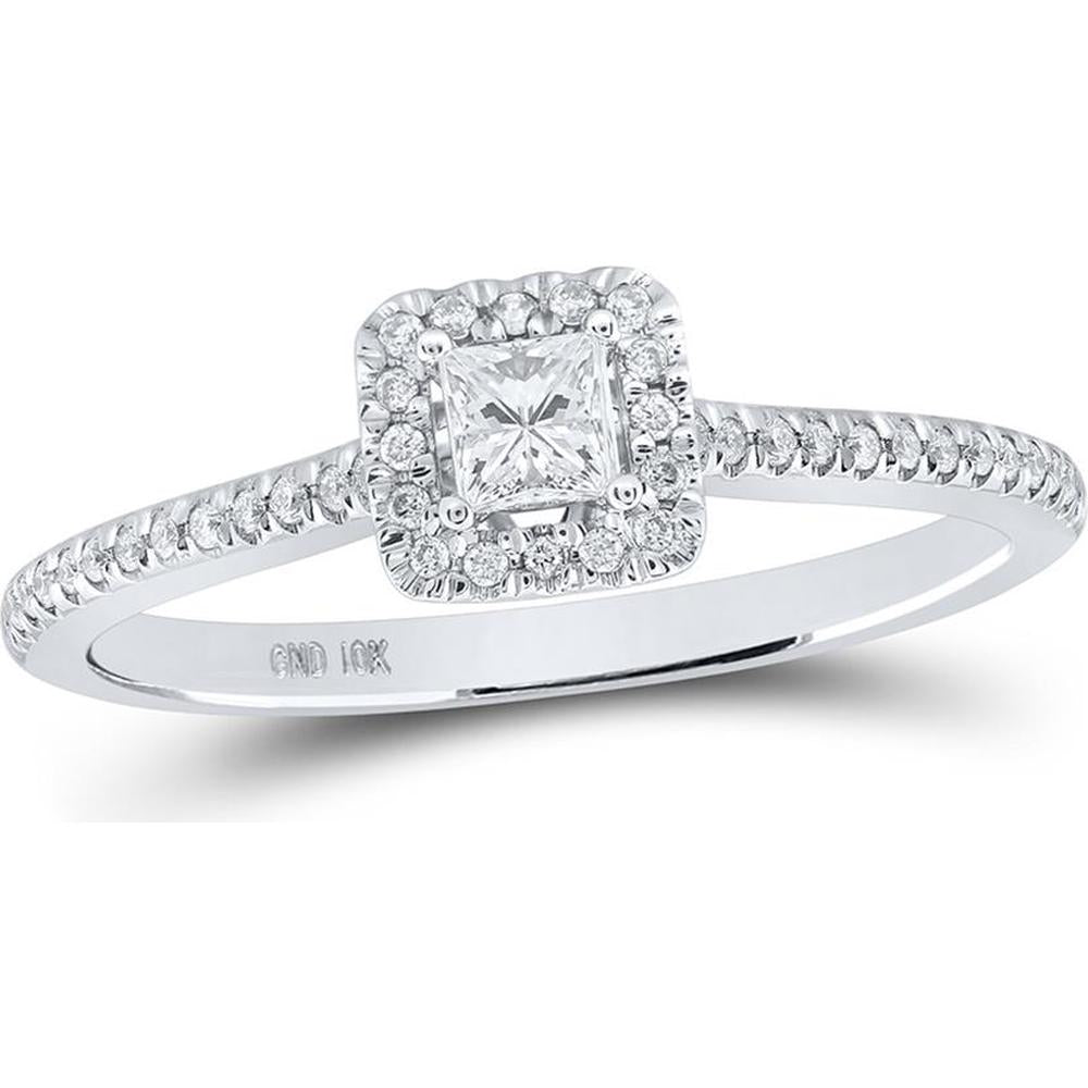 GND 10K White Gold Princess Diamond Halo Bridal Engagement Ring with Round Diamond Accents - 1/3 Total Carat Weight