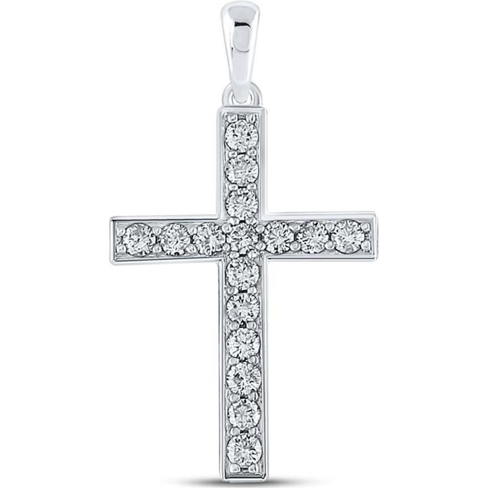 GND 10K White Gold Prong-Set Round Diamond Cross Pendant - 1/3 Total Carat Weight
