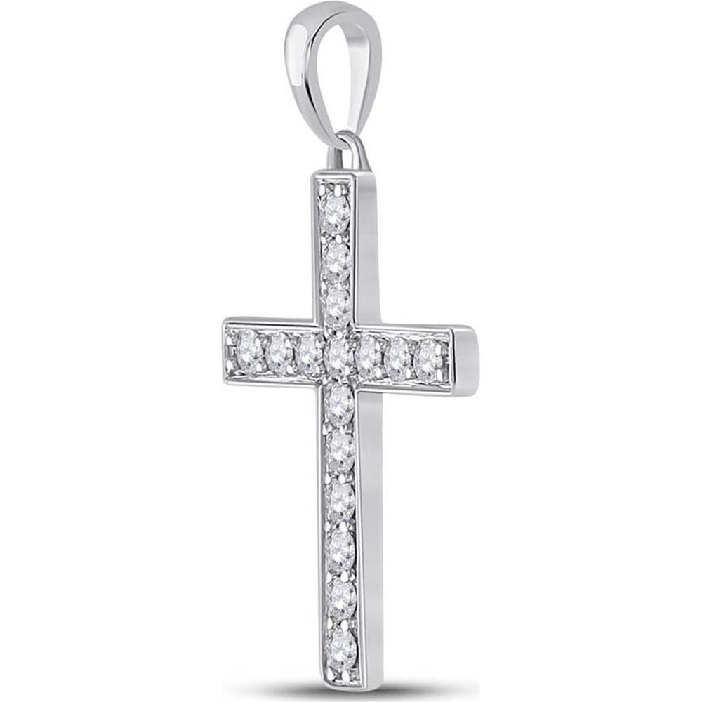 GND 10K White Gold Prong-Set Round Diamond Cross Pendant - 1/3 Total Carat Weight