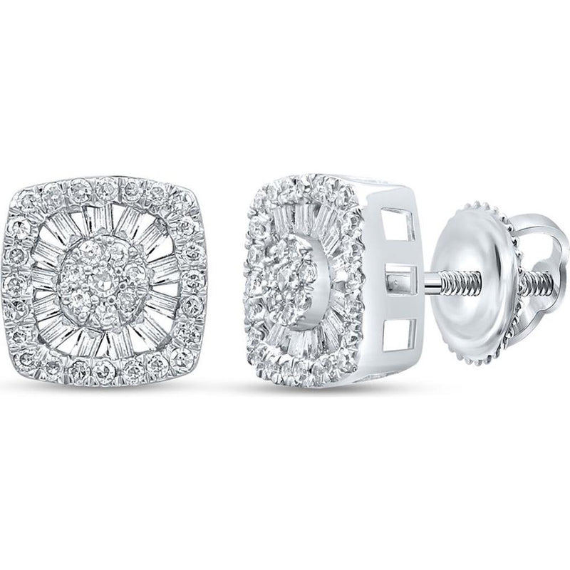 GND 10K White Gold Round and Baguette Diamond Square Stud Earrings - 1.20 Carat Total Diamond Weight