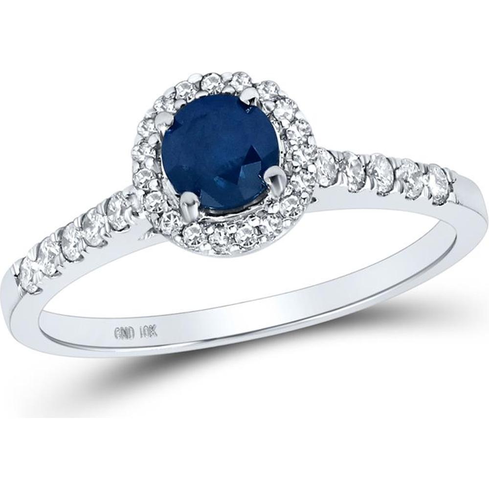 GND 10K White Gold Round Blue Diamond Solitaire Halo Ring with Pave-Set Diamonds - 0.74 Carat Total Gem Weight