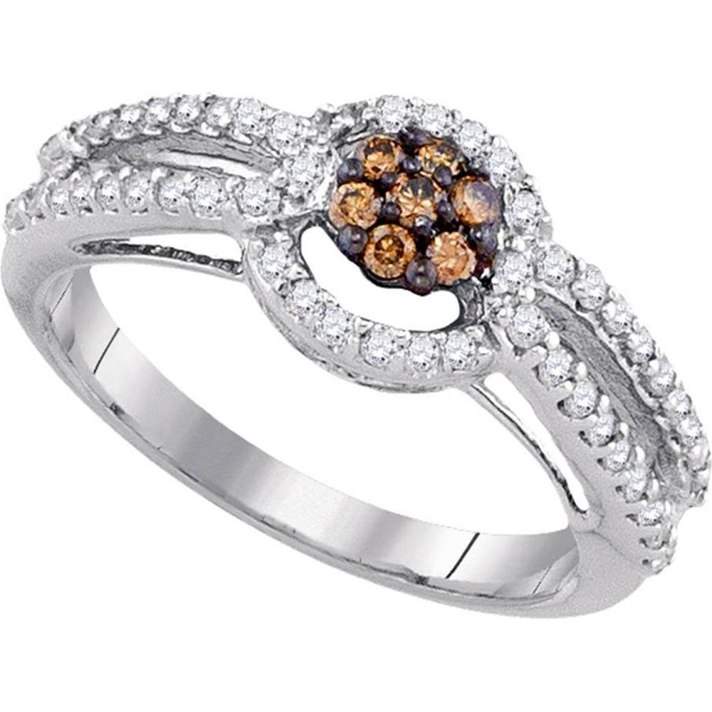 GND 10K White Gold Round Brown Diamond Cluster Ring with 0.50 Carat Total Diamond Weight