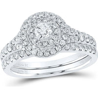 GND 10K White Gold Round Diamond Bridal Wedding Ring Set with Halo - 1.01 Carat Total Diamond Weight