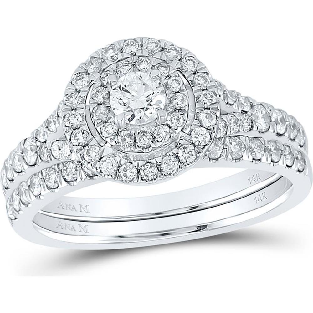 GND 10K White Gold Round Diamond Bridal Wedding Ring Set with Halo - 1.01 Carat Total Diamond Weight