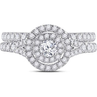 GND 10K White Gold Round Diamond Bridal Wedding Ring Set with Halo - 1.01 Carat Total Diamond Weight
