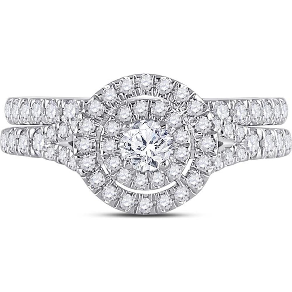 GND 10K White Gold Round Diamond Bridal Wedding Ring Set with Halo - 1.01 Carat Total Diamond Weight
