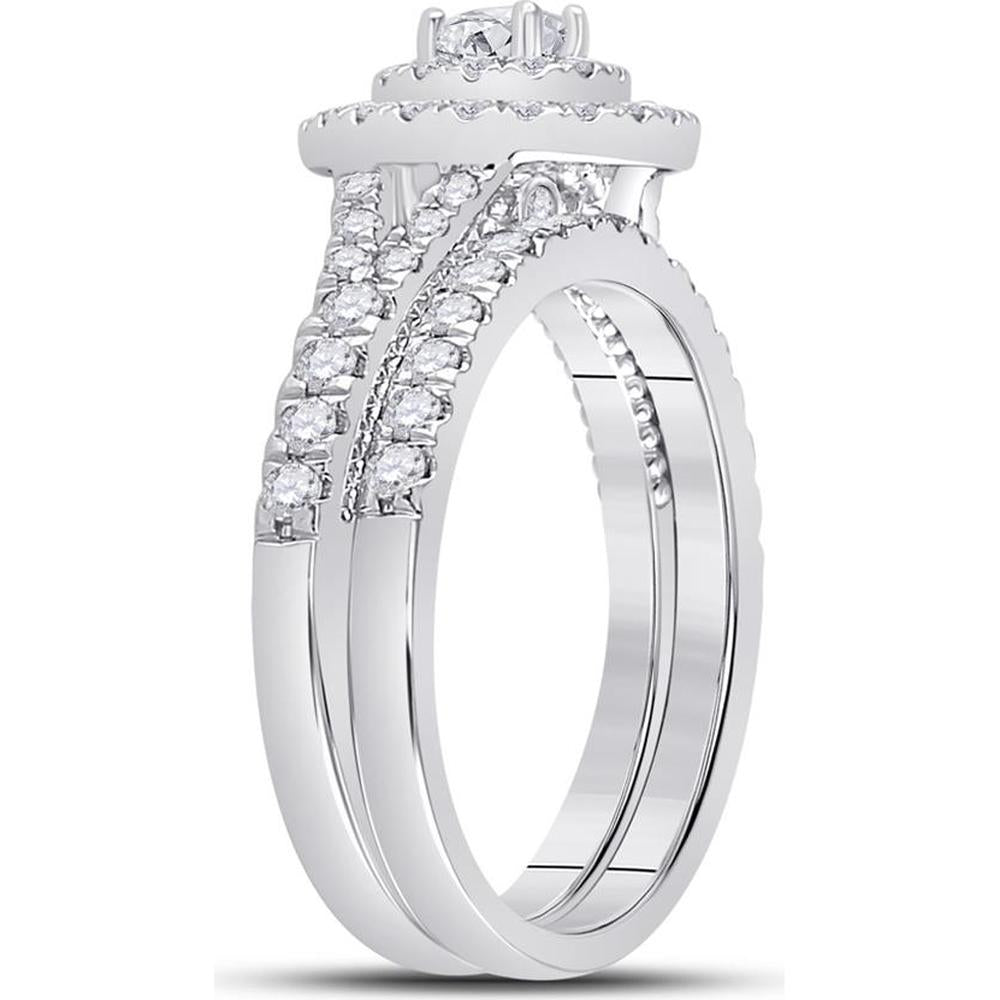 GND 10K White Gold Round Diamond Bridal Wedding Ring Set with Halo - 1.01 Carat Total Diamond Weight