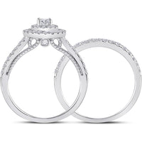 GND 10K White Gold Round Diamond Bridal Wedding Ring Set with Halo - 1.01 Carat Total Diamond Weight