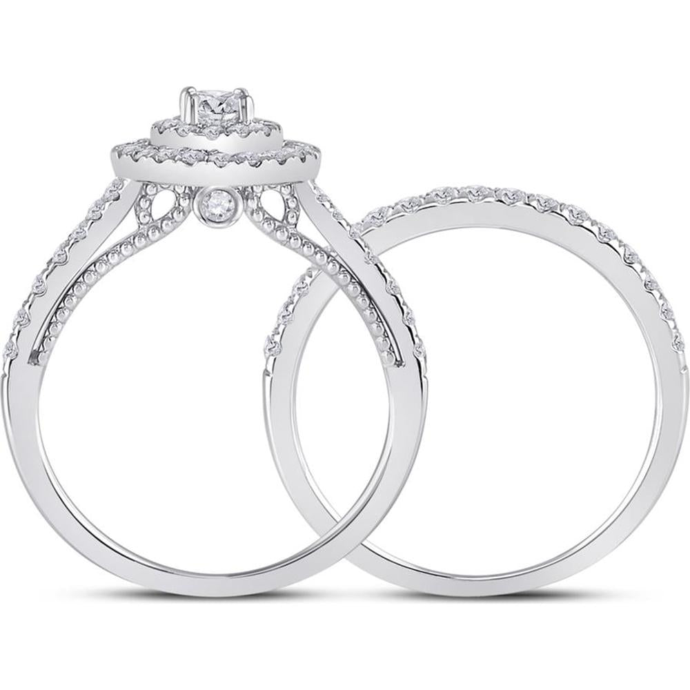 GND 10K White Gold Round Diamond Bridal Wedding Ring Set with Halo - 1.01 Carat Total Diamond Weight