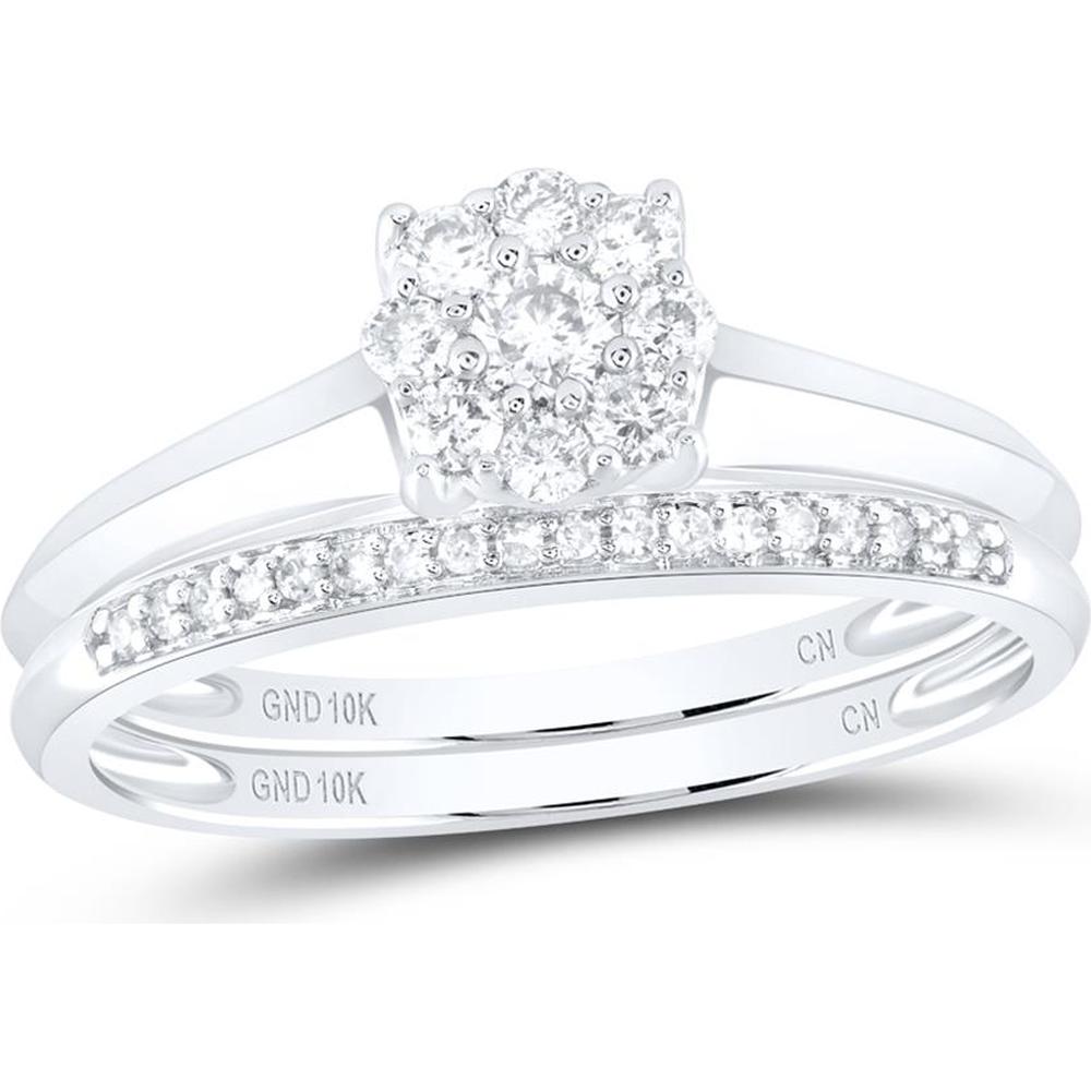 GND 10K White Gold Round Diamond Bridal Wedding Ring Set with Prong and Pave Setting - 1/3 Carat Total Diamond Weight