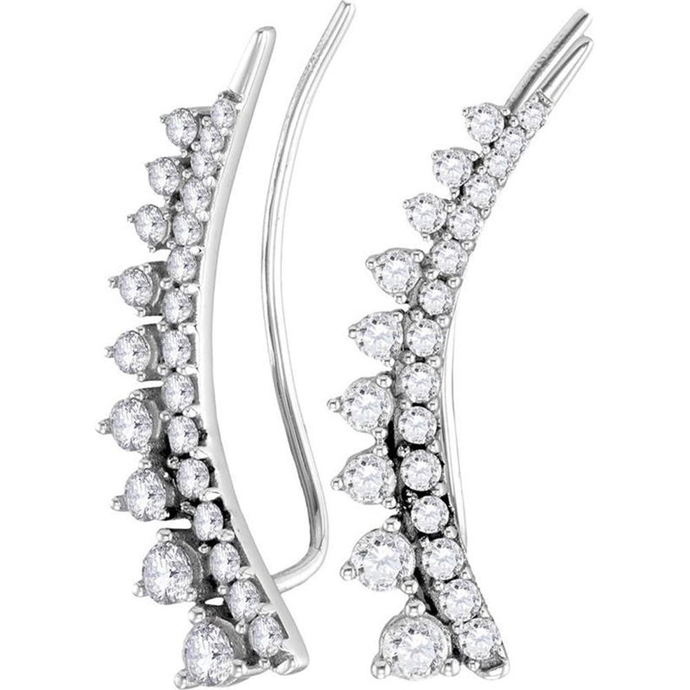 GND 10K White Gold Round Diamond Climber Earrings - 1.00 Carat Total Diamond Weight