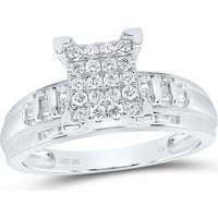 GND 10K White Gold Round Diamond Cluster Bridal Engagement Ring with Channel-Set Baguette Diamonds - 1/2 Carat Total Diamond Weight
