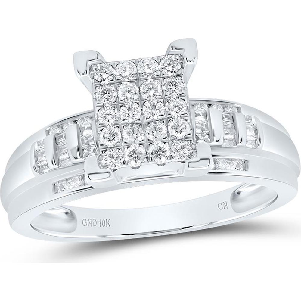 GND 10K White Gold Round Diamond Cluster Bridal Engagement Ring with Channel-Set Baguette Diamonds - 1/2 Carat Total Diamond Weight