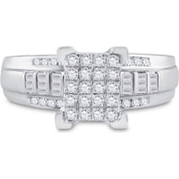 GND 10K White Gold Round Diamond Cluster Bridal Engagement Ring with Channel-Set Baguette Diamonds - 1/2 Carat Total Diamond Weight