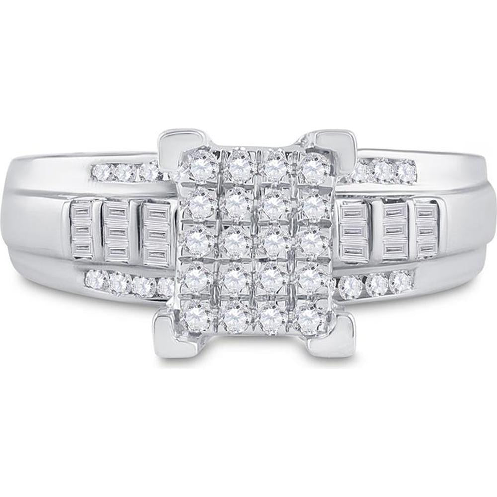 GND 10K White Gold Round Diamond Cluster Bridal Engagement Ring with Channel-Set Baguette Diamonds - 1/2 Carat Total Diamond Weight