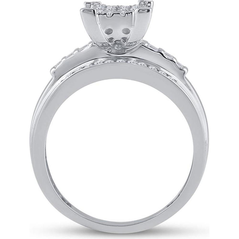 GND 10K White Gold Round Diamond Cluster Bridal Engagement Ring with Channel-Set Baguette Diamonds - 1/2 Carat Total Diamond Weight