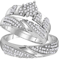 GND 10K White Gold Round Diamond Cluster Matching Wedding Ring Set - 0.75 Carat Total Diamond Weight