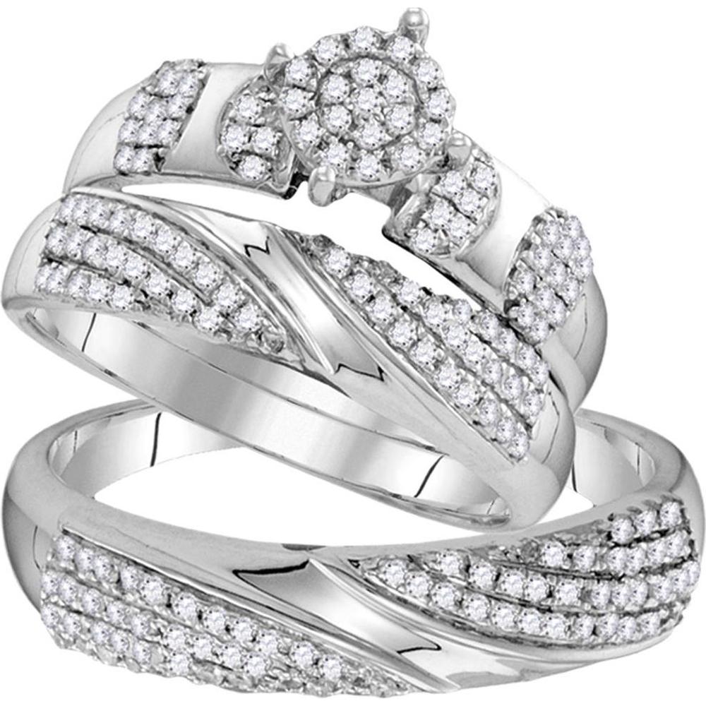 GND 10K White Gold Round Diamond Cluster Matching Wedding Ring Set - 0.75 Carat Total Diamond Weight