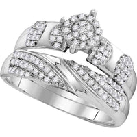 GND 10K White Gold Round Diamond Cluster Matching Wedding Ring Set - 0.75 Carat Total Diamond Weight