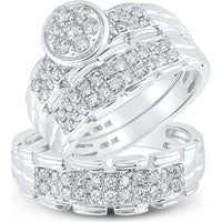 GND 10K White Gold Round Diamond Cluster Matching Wedding Ring Set - 1.00 Carat Total Diamond Weight