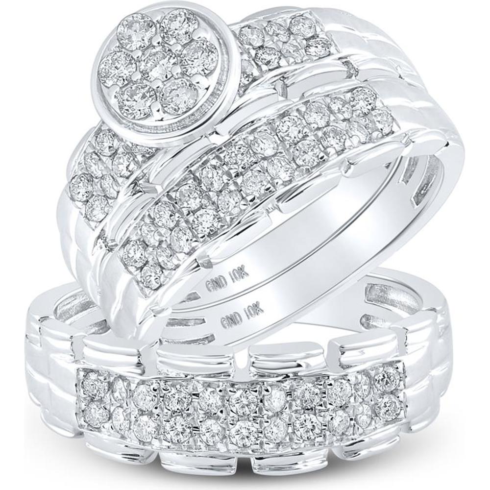 GND 10K White Gold Round Diamond Cluster Matching Wedding Ring Set - 1.00 Carat Total Diamond Weight