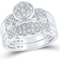 GND 10K White Gold Round Diamond Cluster Matching Wedding Ring Set - 1.00 Carat Total Diamond Weight
