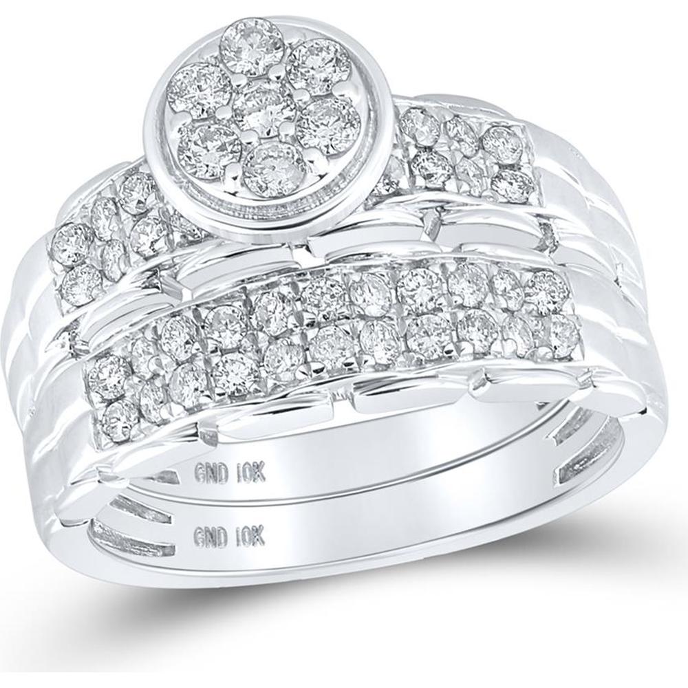 GND 10K White Gold Round Diamond Cluster Matching Wedding Ring Set - 1.00 Carat Total Diamond Weight