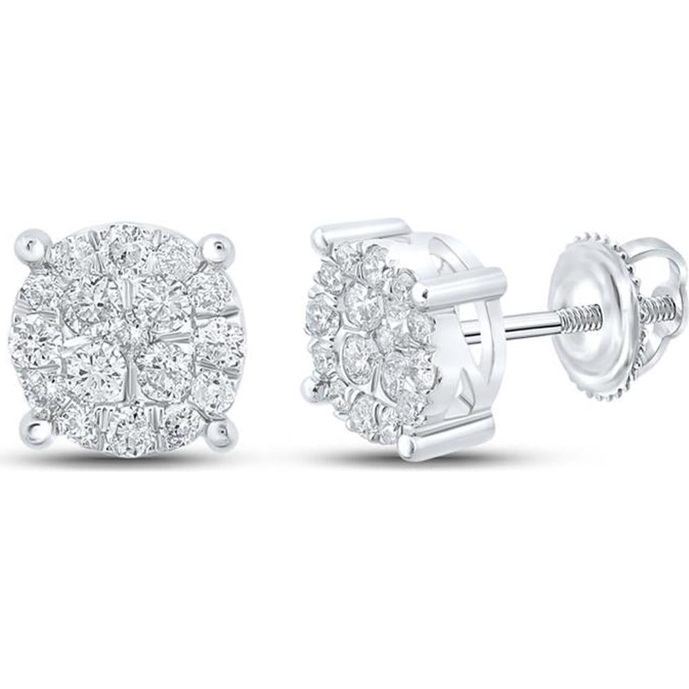 GND 10K White Gold Round Diamond Cluster Stud Earrings - 1/2 Carat Total Diamond Weight