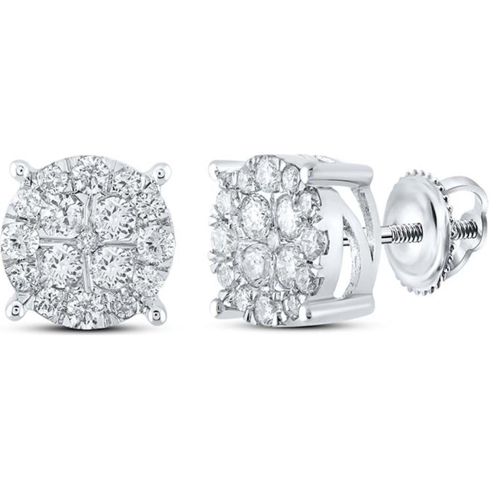 GND 10K White Gold Round Diamond Cluster Stud Earrings - 1.27 Carat Total Diamond Weight